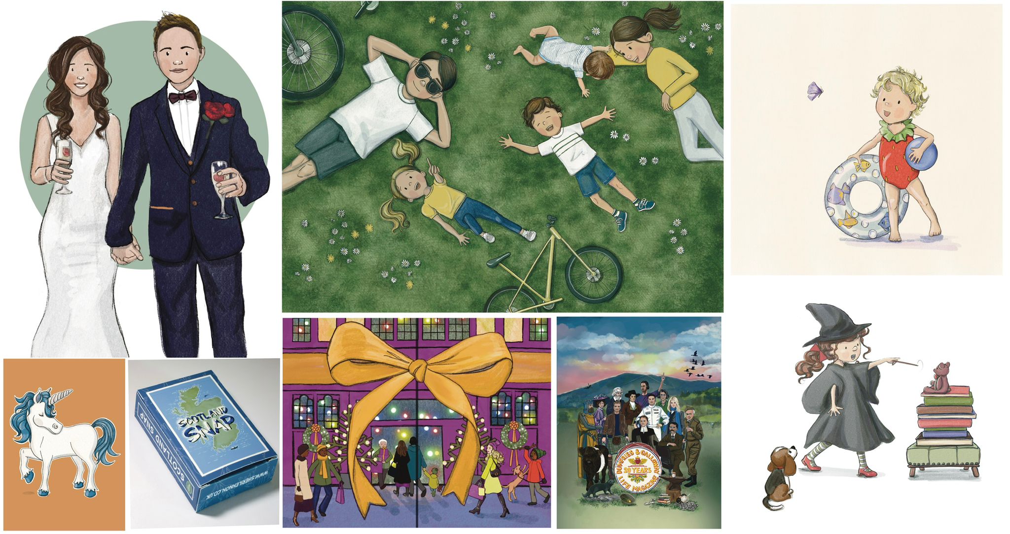 A banner of various illustrations by Sheri Lennon